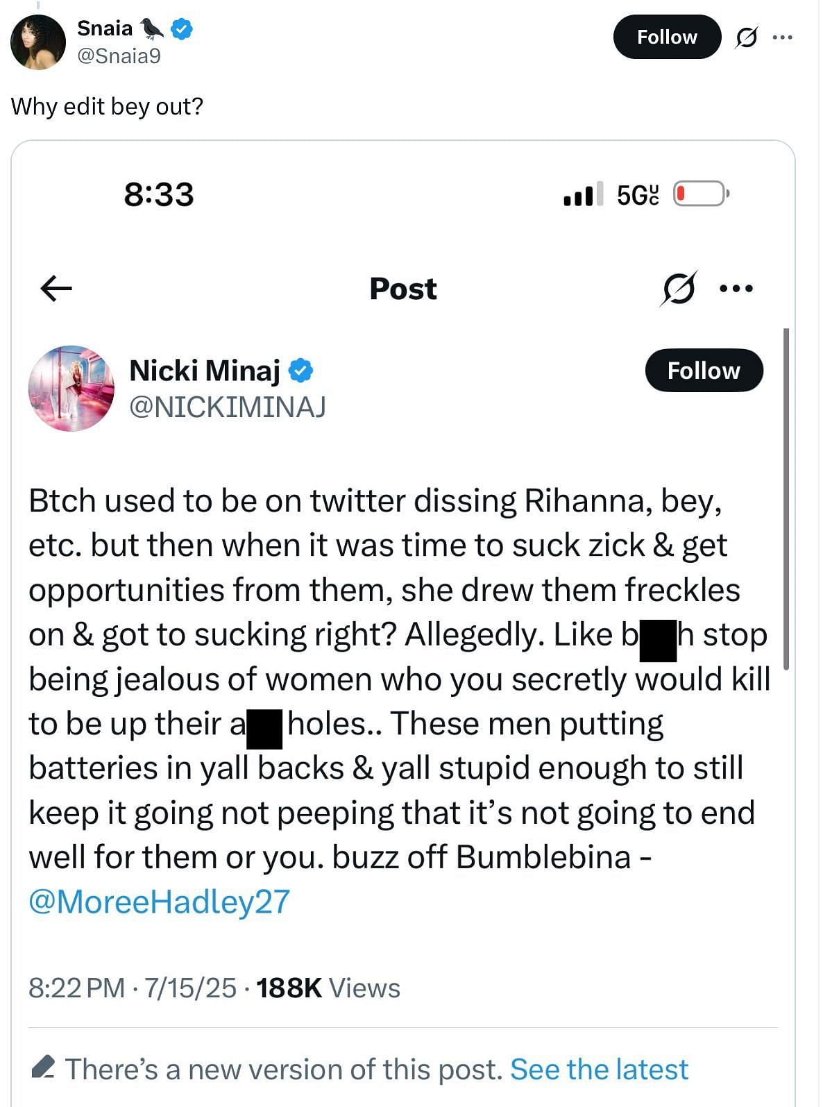 A user attached the older version of Nicki Minaj's X post, seemingly mentioning Beyoncé (Image via @Snaia9/X)